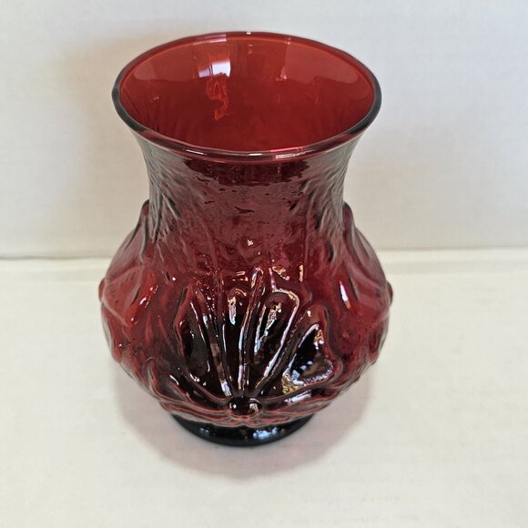Anchor Hocking Rainflower Ruby Vase 5.5" floral red glass raised relief cosmos - Picture 3 of 12